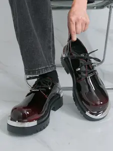 Men's Glossy Thick Sole Metal Toe Cap Derby Shoes, Punk Style Height Increasing Wear Resistant Trendy Casual Footwear