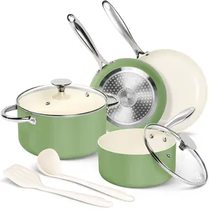 MICHELANGELO  Nonstick Ceramic Cookware Set, Healthy Pots and Pans Set, Non-Toxic Cooking Set, Fast Heating Aluminum Pots & Pans, Oven-Safe up to 500ºF, Includes 8" & 10" Frying Pans, 2 Quart Sauce Pan, 4 Quart Soup Pot, 2 Silicone Utensils