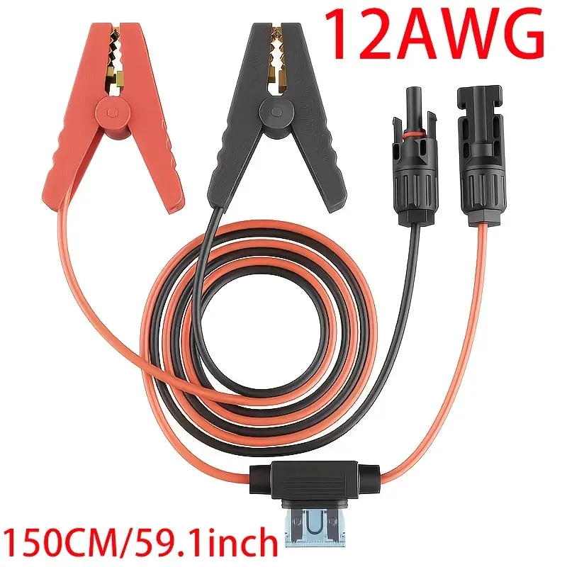 Solar Panel Connector Cable 12AWG Solar Panel Connector to Battery Clip Extension Cable Alligator Clip to Male & Female Solar Connectors Cable with 25A Fuse 1.5m/4.9ft