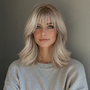 Rella C-DWY New Technology! Bionic Silk Top 12-Inch Layered Shoulder-Length Creamy Beige Blonde Glueless Synthetic Wig with Bangs for Women High-Quality Premium Fiber Easy Wear Comfortable Fit