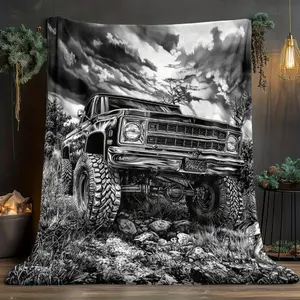 Retro Black White Car Illustration Blanket Premium  Soft Flannel Fleece Throw Cozy Lightweight Nap Blankets for Couch Bed Sofa Garage Room Air Conditioning Travel Camping Cool Birthday Gifts for Men Car Guys
