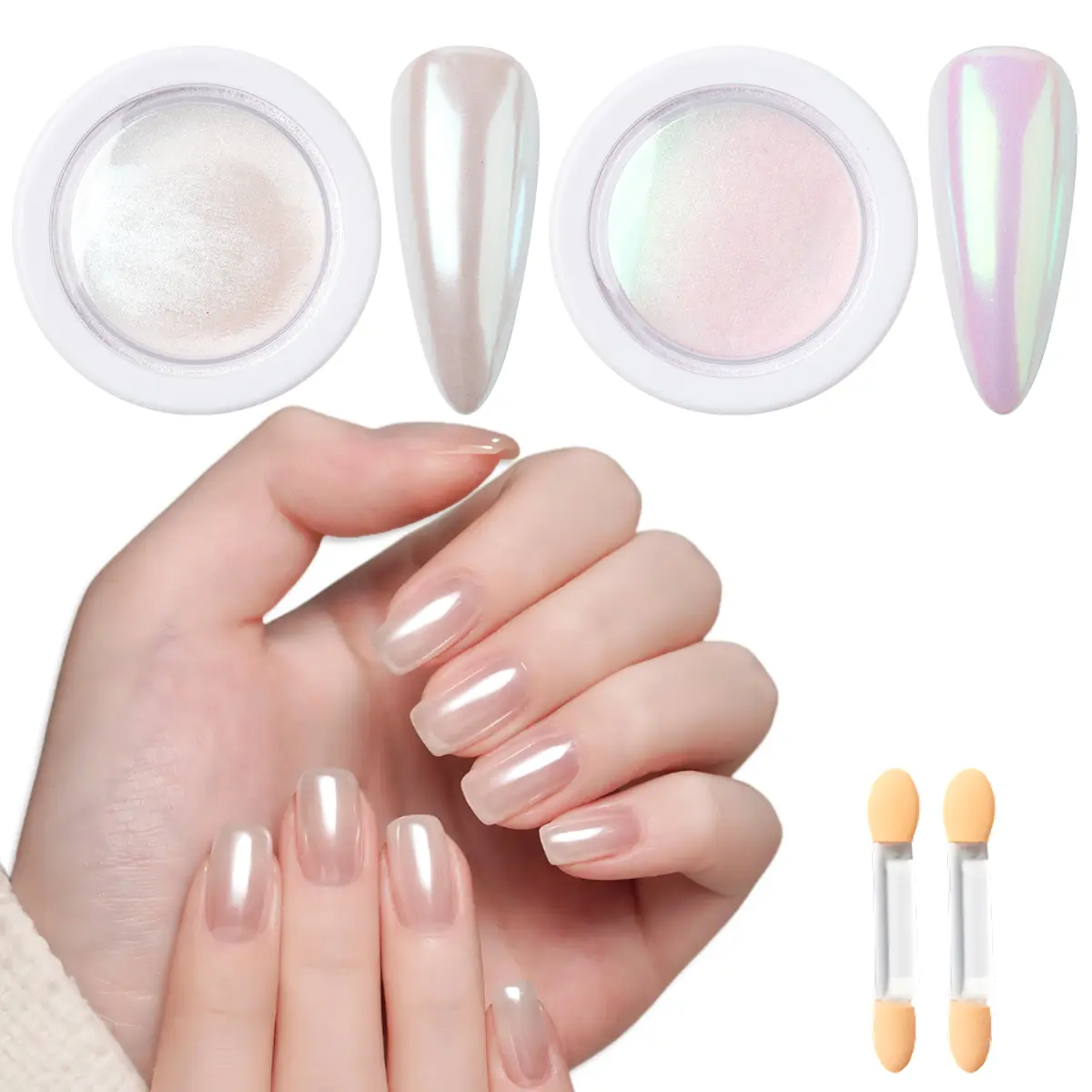 Chrome Nail Powder Kit - 2 Jars White & Neon Pink Pearlescent Pigment for Metallic Mirror, Iridescent Aurora & Mermaid Effects on Glitter Nails & Resin Crafts, Resin Molding Powder Nail Art Glitters