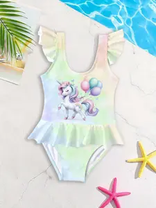 Girls' one-piece swimsuit "Rainbow Unicorn Fantasy Style" features tie-dye gradient printing and ruffled design, full of childlike fun, creating a perfect atmosphere for swimming in the pool or playing by the seaside in summer.
