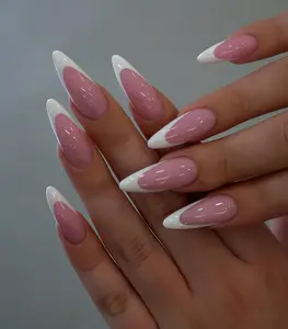 Custom Pink White French Tip Press on Nails, Almond Shape, Handmade Acrylic Fake Nails, Simple Elegant Design, Glossy Finish