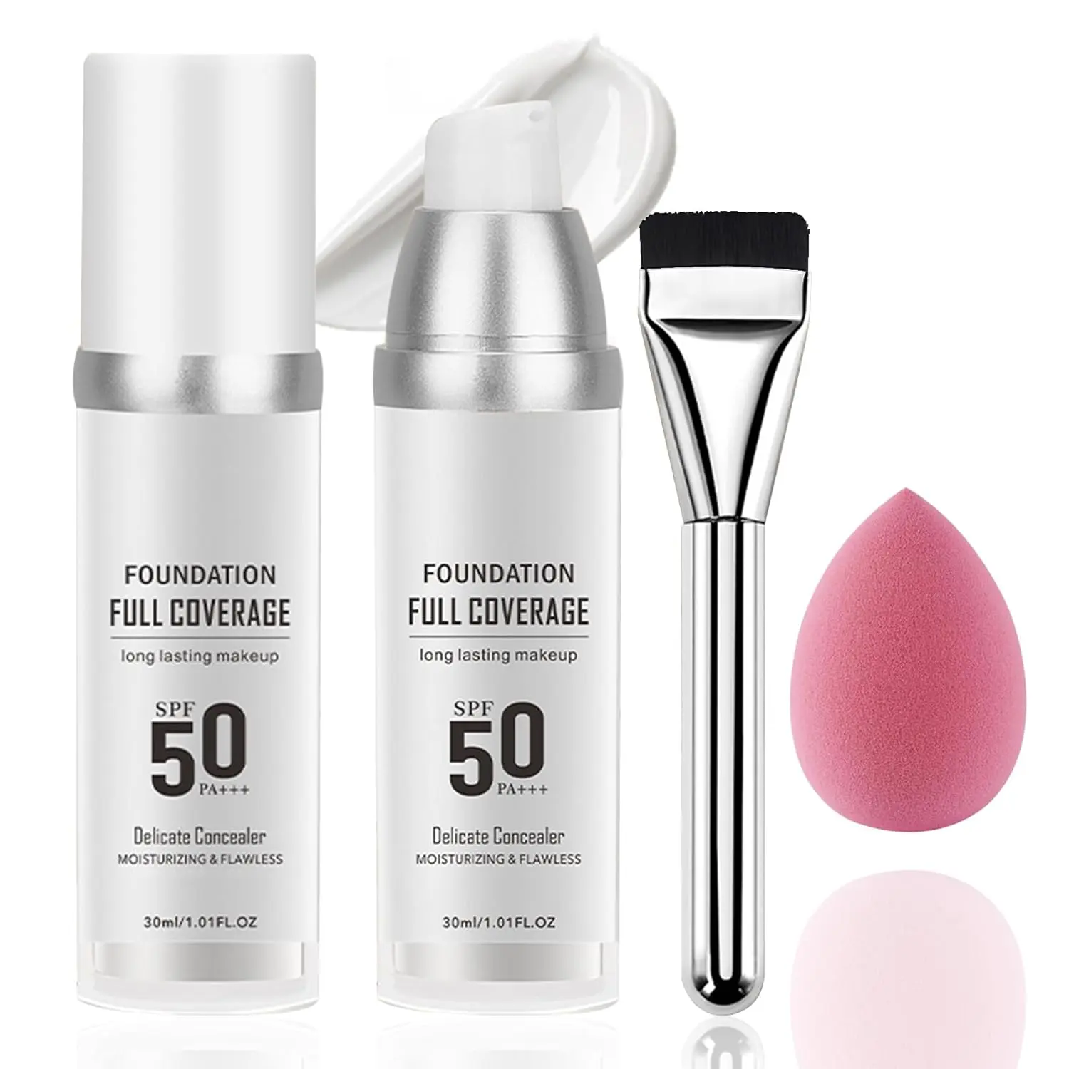 4-Piece Color Changing Liquid Foundation Set with Brush & Sponge - Sensitive Skin, Lightweight, Hydrating Moisture Makeup with SPF50 UV Protection, Flawless Matte Finish, Oil Control, Full Coverage, Daily Use Cosmetic