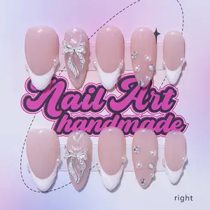 Delicatething Y2K Style Almond Nail Set, Handmade Wearable Nails, Acrylic Press On, Silver Color Ribbon, Pearl, French Design, Nail Art Design, Perfect Gift for Women