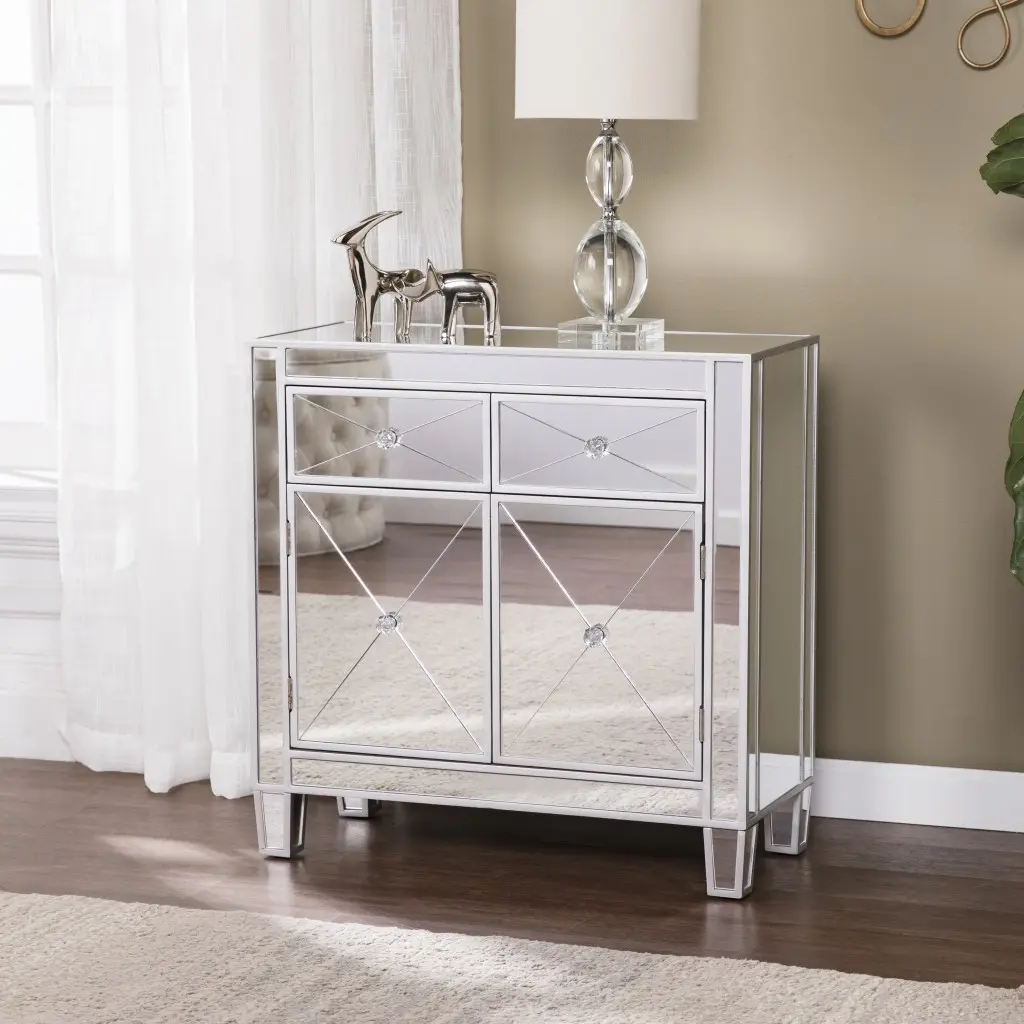 HomeRoots 401709 Glamorous Mirrored Bling Two Door Storage Accent Cabinet, Silver