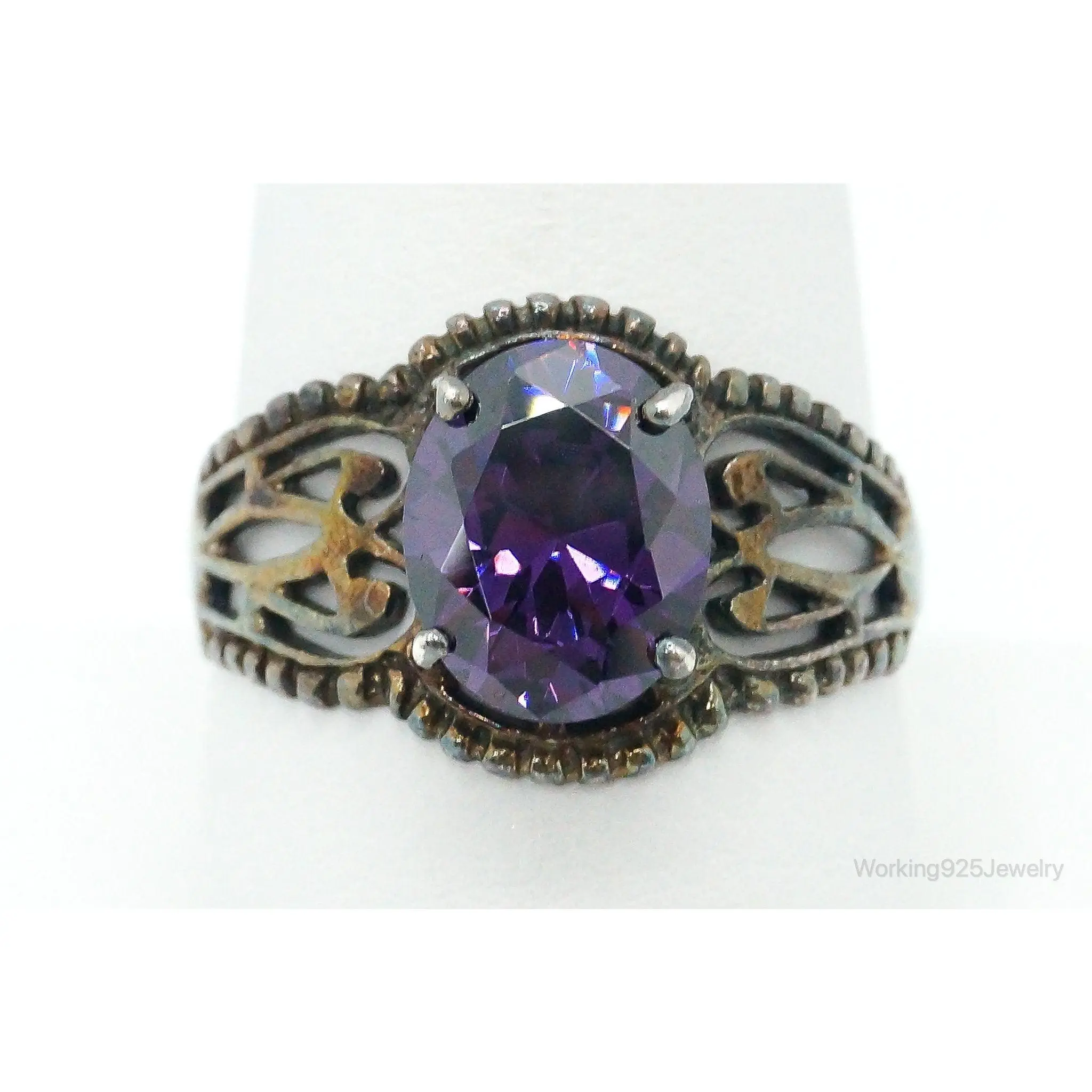 Vintage Amethyst Oxidized Sterling Silver Ring - Size 9