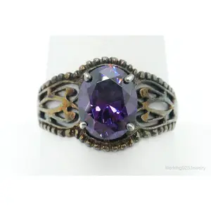Vintage Amethyst Oxidized Sterling Silver Ring - Size 9