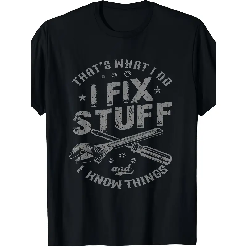 Men's Oversized Short-Sleeve Round Neck Mechanic-Themed Graphic T-Shirt Top - Casual, Humorous "This Is My Job: I Repair Things And Have Knowledge" Design, Soft Breathable Fabric, Machine Washable, All-Season Vintage