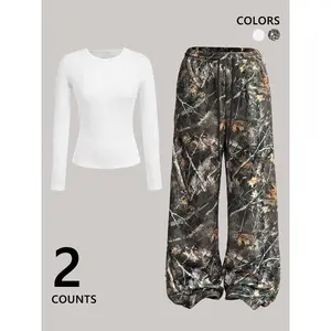 Women’s Camouflage Print Two-Piece Set, Fitted Long-Sleeve T-Shirt & Capri Pants, Casual Streetwear for All Seasons