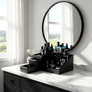 Premium Black Cologne Organizer for Men - 3-Tier Drawer Storage for Perfume, Skincare & Grooming Supplies - Waterproof Bathroom Vanity Organizer, Perfect Gift for Husband