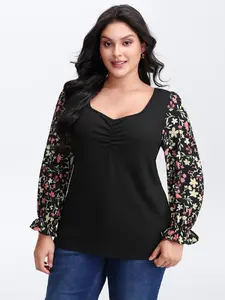 【Summer Turn-Up】BlOOMCHIC Plus Size Textured Spliced Floral Sleeve Black Heart Neck Extra Long Sleeve Fitted Women's Blouse, Autumn Casual Top [M-6X] 2026 Summer Pick for Mother's Day