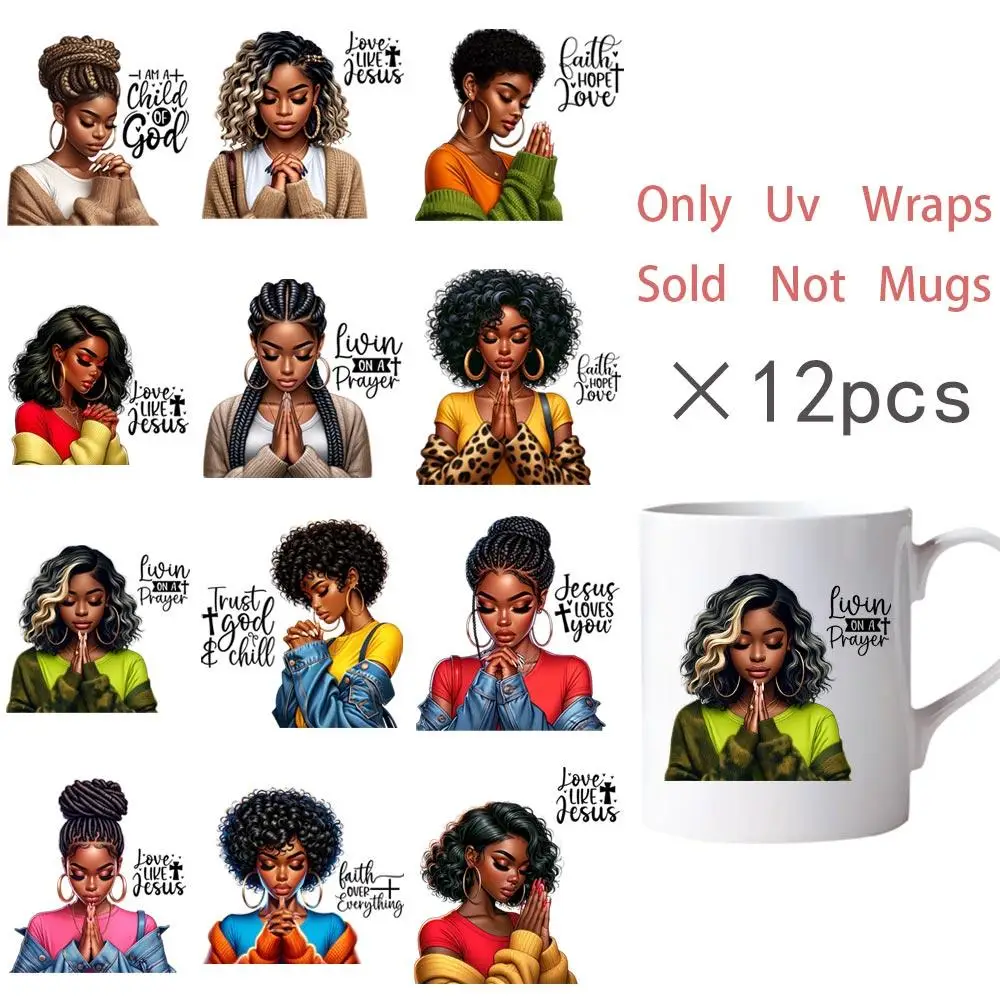 Women Prayer Pattern Sticker, 12pcs/set DIY Mug Wrap Sticker, Fashion Lady Coffee Cup UV DTF High Self-adhesive Wraps Transfer Decor Sticker