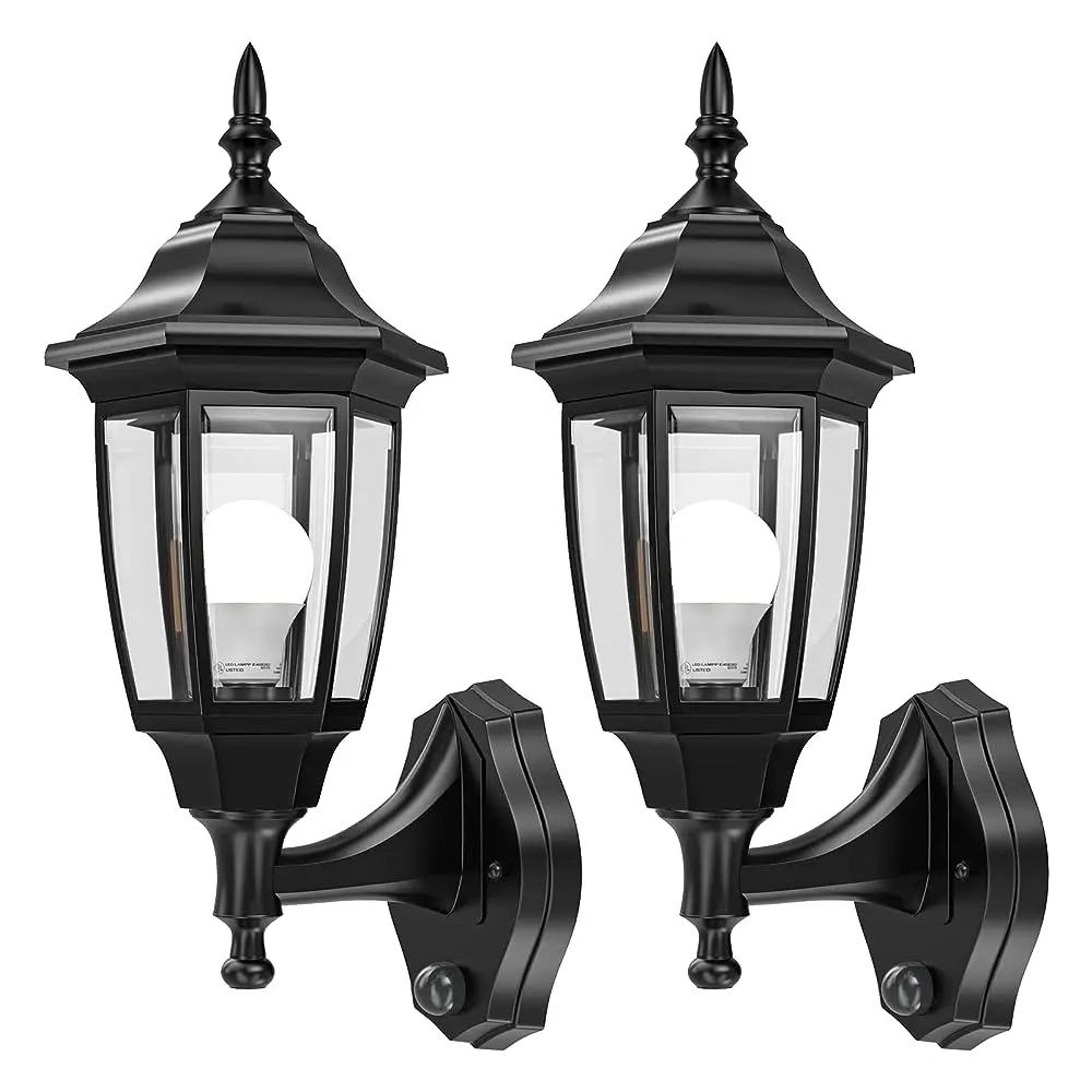EMART Metal Dusk to Dawn Outdoor Porch Light with Bulb, Wall Lamp(2 Pack, Black) Exterior Anti-Corrosion, Waterproof Aluminum & Glass Shades, Modern Sconce Lantern Fixtures for Outside, House, Garage