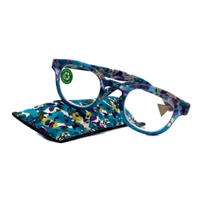 Autumn, (Premium) Reading Glasses, High-End Readers +1.25 +1.50.+3.00 Wide Round Style. Optical Frame (Blue, Purple Floral) NY Fifth Avenue. Lightweight