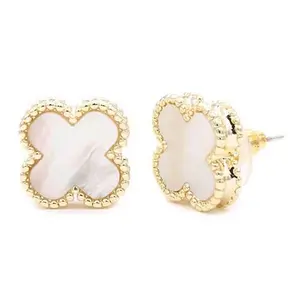 Mother of pearl stud clover earring- gold beaded border