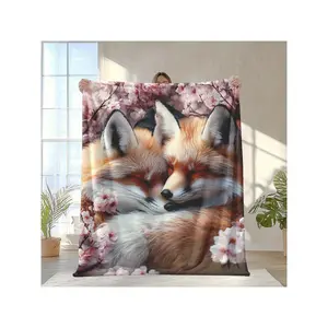 [Soft And Warm, Foxes Blanket] 1pc Soft And Warm Flannel Blanket With Adorable Sleeping Foxes & Pink Flowers – Perfect For Home, Travel, Camping, Or Gifting Family & Friends-30*40in