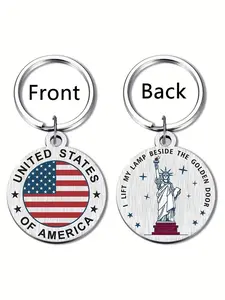 Double-Sided Color Printed Stainless Steel Round Tag Patriotic Keychain, American Flag & Statue of Liberty Design, Inspirational Us Souvenir
