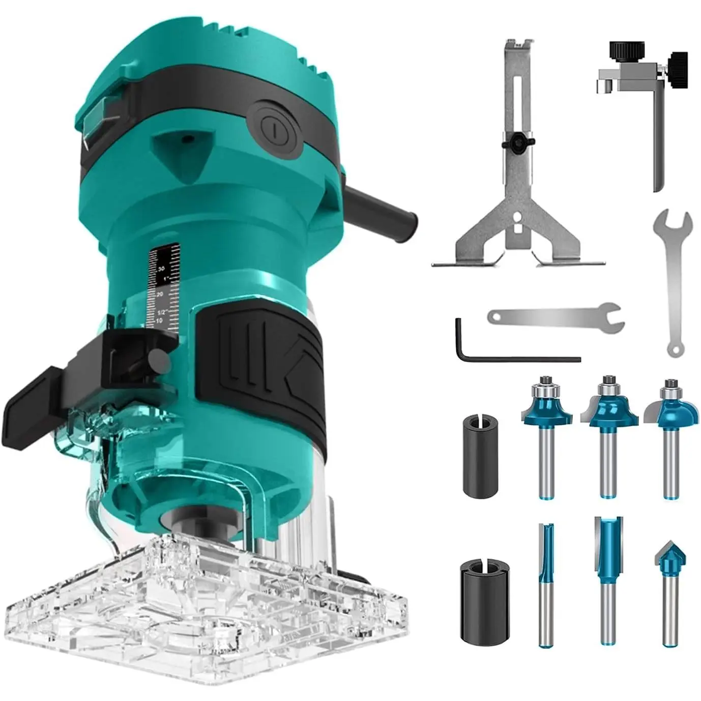 Router Tool For Woodworking, 32000 RPM Compact Palm  Routers, Trim Router with 6  Bits, 1/4" Collets and 8mm/12.7mm Adapter