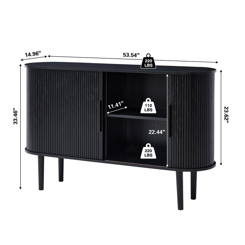 Giratree Furniture 53-Inch Fluted Slide Door Sideboard Cabinet, Modern Oval Tambour Buffet Credenza with Adjustable Shelves, Wooden Storage Console for Living Room, Dining Room, Kitchen, or Entryway