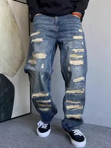 SRETOUU Men's Vintage Distressed Baggy Jeans, Ripped Wide Leg Denim Pants with Destroyed Details, Streetwear Hip Hop Loose Fit Jeans