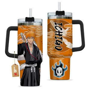 [Sip40 Otaku] Bleach Ichigo Kurosaki  Anime Tumbler 40oz With Handle Stainless Steel Cup, Soul Reaper Bankai Anime Tumbler, Manga Travel Mug, Gift for Anime Fans