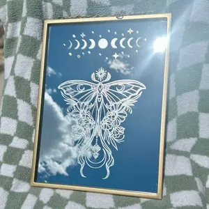 Celestial Moth Mirror – Etched Gold Frame, Moon Phase Decor, Gothic Wall Art