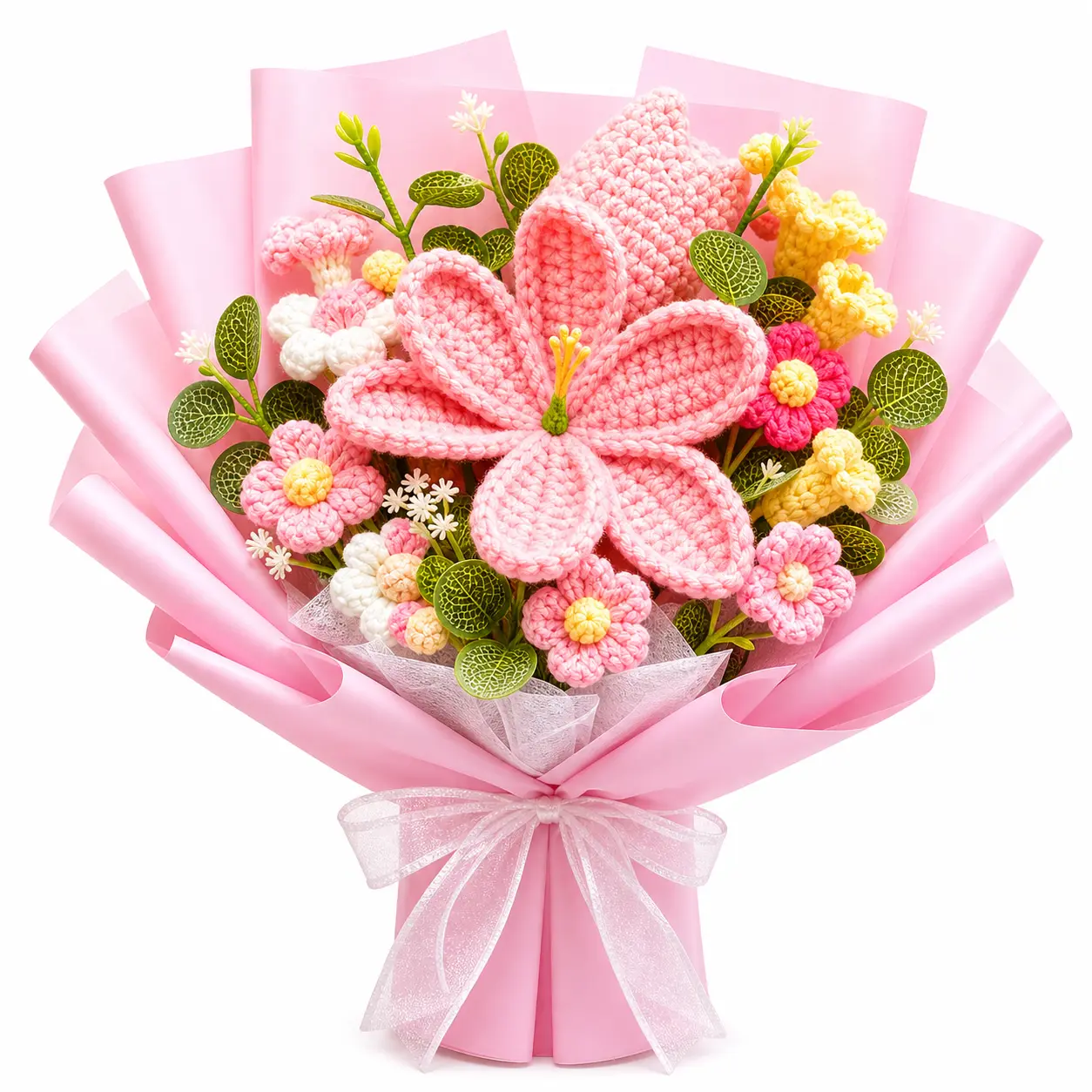 Handmade Crochet Flowers Bouquet Back to School Gift for Teacher Students, Wrapped Gift Bouquet with Lily Rose Tulip Calla Lily Forever Flowers, Gift for Girlfriend Her Mom with Greeting Card, Birthday Anniversary Just Because US Fast Shipping Home Decor