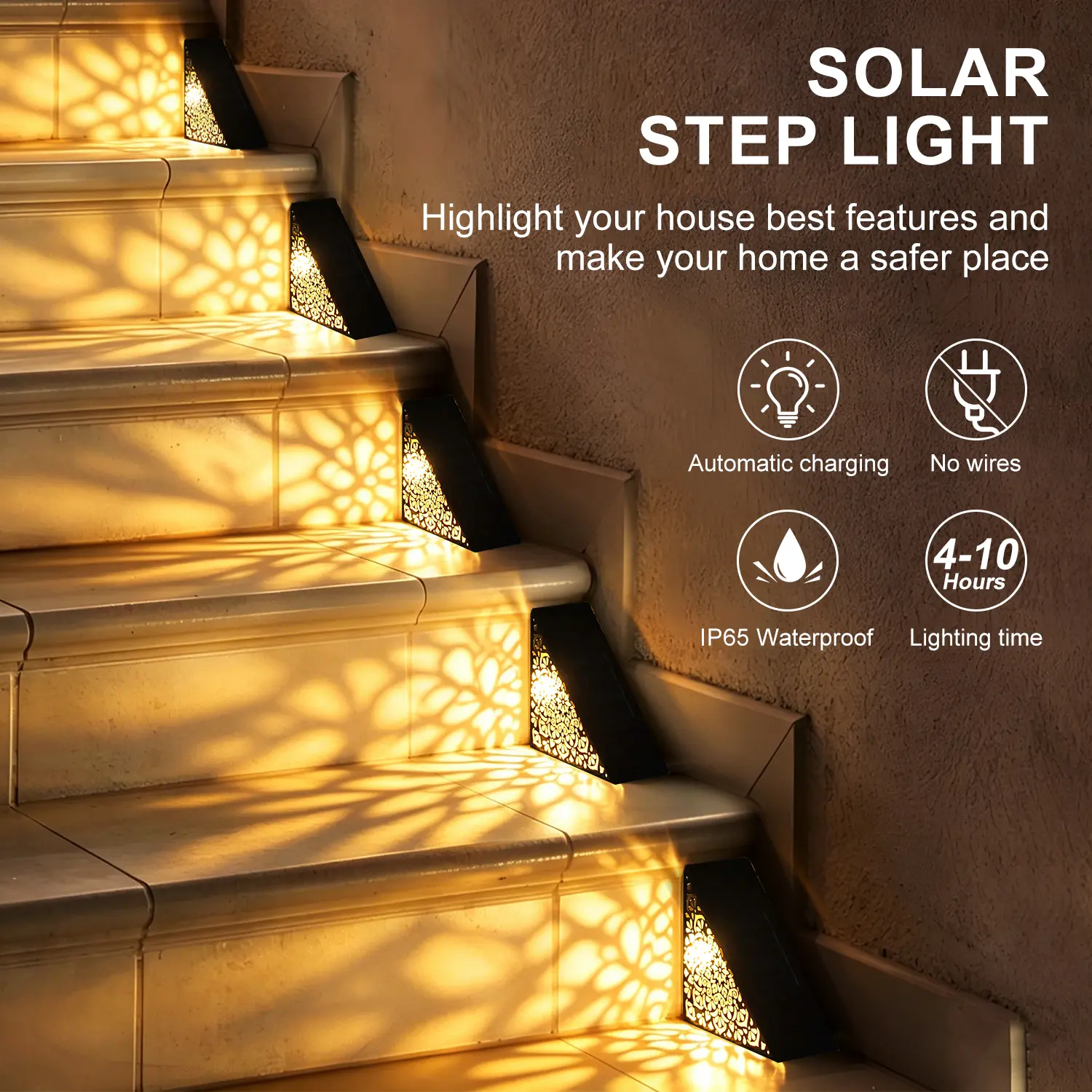 2 Pack Triangular Gilded Artistic Hollow-Cut Solar Outdoor LED Step Lights, Energy-Saving Water-Resistant All-Season Use Decking & Patio Lighting with Complete Mounting Hardware & Golden Shadow Patterns