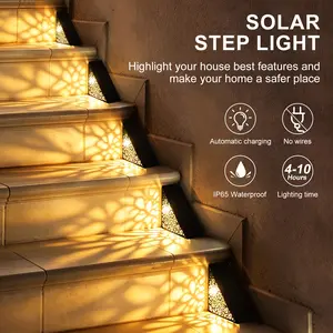 2 Pack Triangular Gilded Artistic Hollow-Cut Solar Outdoor LED Step Lights, Energy-Saving Water-Resistant All-Season Use Decking & Patio Lighting with Complete Mounting Hardware & Golden Shadow Patterns