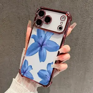 Four Corner Anti-Fall Blue Lily Pattern Phone Case,phone Case Suitable for Iphone 11/12/13/14/15/16/17 Pro Promax Plus Air and Samsung S22/S23/S24/S25 Plus Ultra Fe,Shockproof Transparent Electroplated Protective Cover