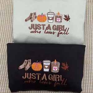 Just a girl who loves fall sweatshirt crewneck , cute fall sweatshirt, spooky season, spooky szn, Halloween, Halloween sweatshirt, embroidered Halloween sweatshirts