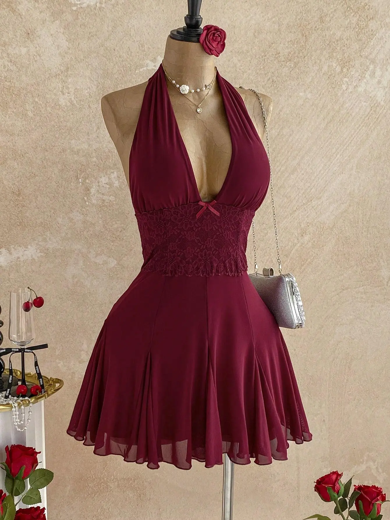 Burgundy Halter Neck Backless Mini Dress – Ruffle Lace Bow Mesh Party & Summer Vacation Outfit