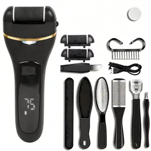 Electric Foot Exfoliator Kit, Rechargeable Nail Care Tool, 3 Rollers, 2 Speeds, Battery Display, Removes Dry Heels, Calluses, Dead Skin