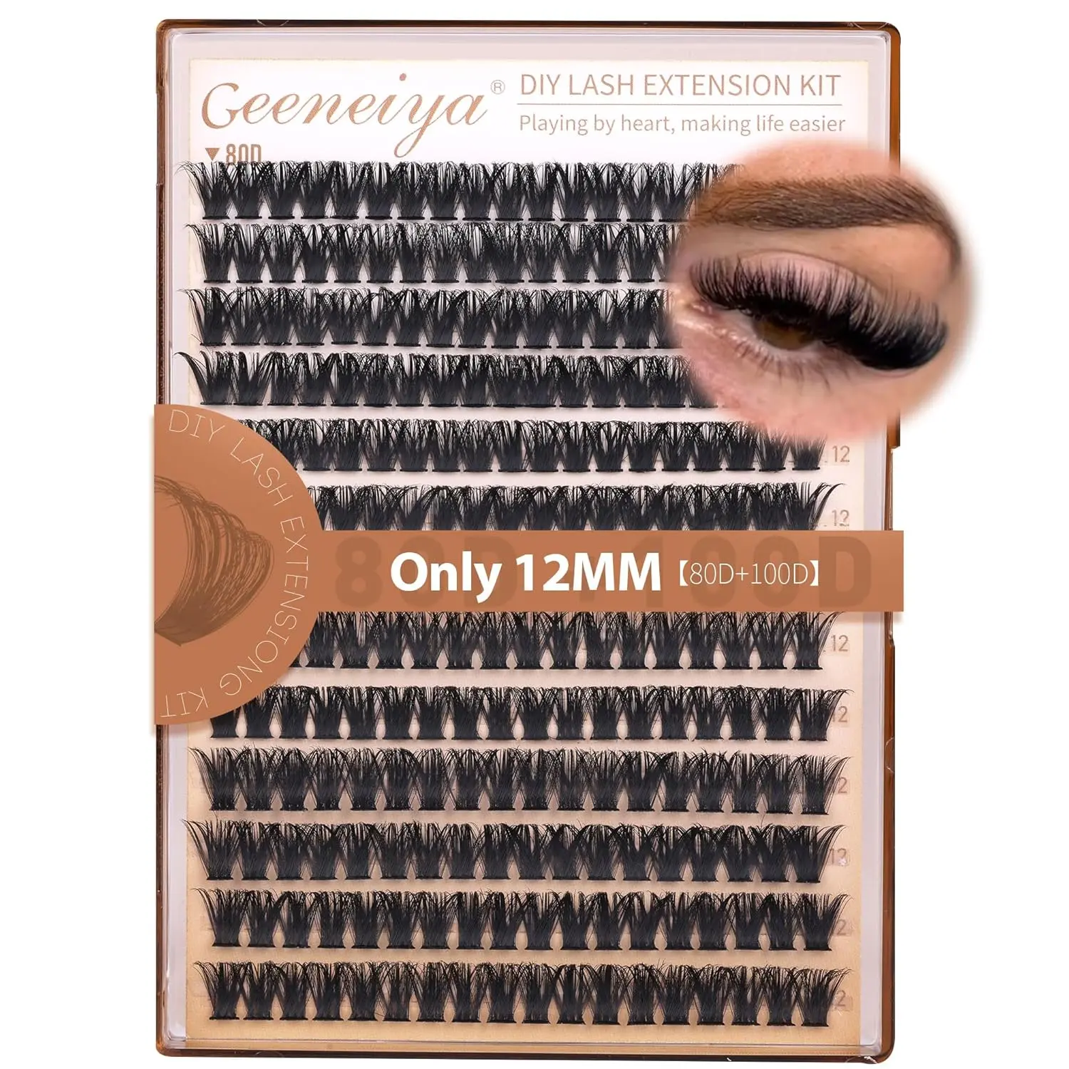 Geeneiya 12MM Volume Lash Clusters D Curl Cluster Eyelash Extensions Thick Cluster Lashes Only 12MM 80D+100D DIY Lash Extension Waterproof