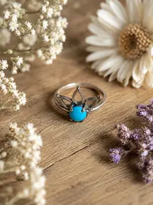 Kingman Turquoise Crowned Lotus Flower Sterling Silver Ring