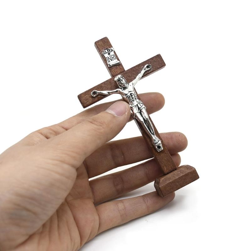 10pcs Wooden Cross Ornament Tabletop Ornaments Standing Crucifix Cross Decoration Churches Wood Cross with Stand Crafts