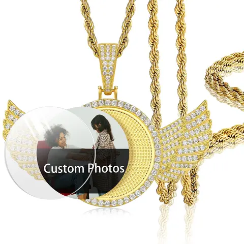 Custom Photo Necklace - Angel Wings Round Memory Pendant, Custom Made Jewelry, Sentimental Necklaces, Couples Gifts, Personalized Jewelry Gift (Men’s Hip Hop, Women’s Frame Design)