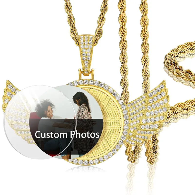 Custom Photo Necklace - Angel Wings Round Memory Pendant, Custom Made Jewelry, Sentimental Necklaces, Couples Gifts, Personalized Jewelry Gift (Men’s Hip Hop, Women’s Frame Design)