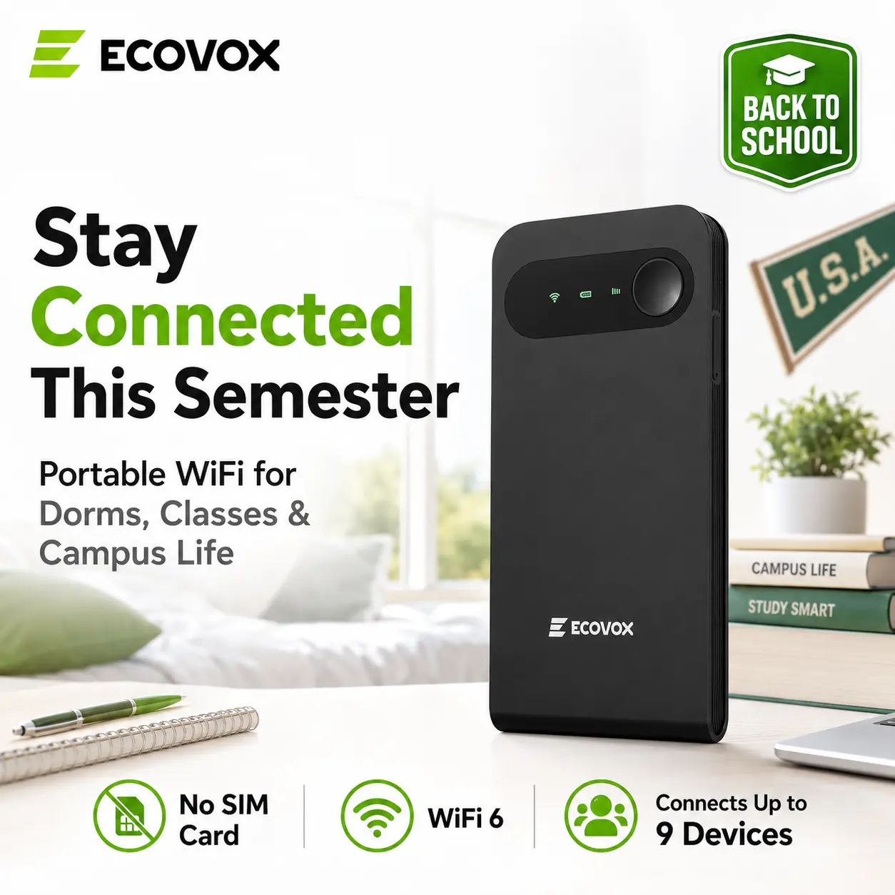 ECOVOX 2026 College Student WiFi Hotspot | Personal WiFi for Dorm, Campus & Travel | No SIM Card Required | Connect 9 Devices | WiFi 6 4G LTE Portable Router | 150+ Countries | Free 1GB Data Included | Back To School