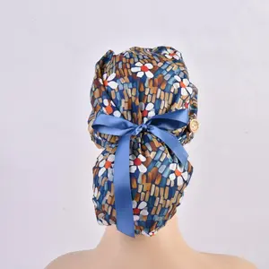 Ponytail Scrub Cap With Button for Women,Flower Hats  for Long Hair,Cotton Surgery ,Birthday Gifts