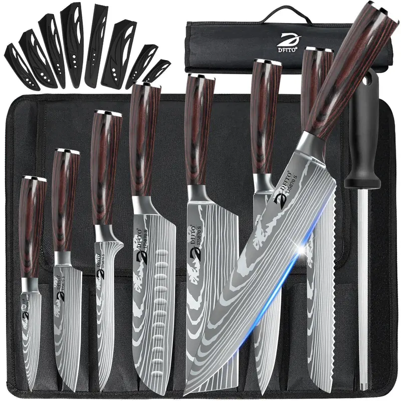 【Black Friday】9PCS Home Kitchenware Stainless Steel Japanese Damascus Pattern Chef Knife Set with Wooden Red Pakkawood Handle, Cutting Roll Bag, Dishwasher-Safe Block