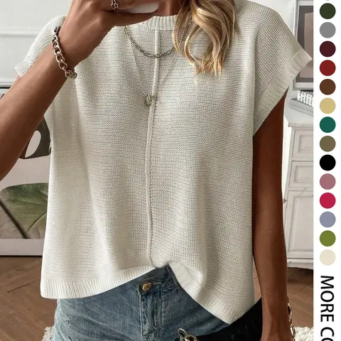 Women's Casual Knit Top, French Style Commuter Tee, Lightweight Breathable Round Neck, Solid Color, Hollow Out Design, Loose Fit, Spring & Summer, Knitwear