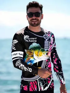 Men's Fishing Long Sleeve Shirt, with Colorful Bass Fish Design, Camo-Style Print, Wyfmyf Kastking Text, Perfect for Fishing & Outdoors, Premium Outdoor Apparel