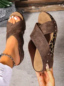 Women's Cross Strap Leopard Print Wedge Sandals, Vintage Wild Style Summer Comfort Heightening Shoes, Easy Match Streetwear/resort Wear