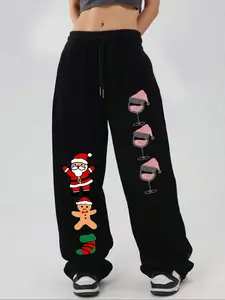 Women's Casual Fashion Christmas Santa Cookie Print Straight Leg Pants, Drawstring Long Pants, Geometric Pattern, All Seasons