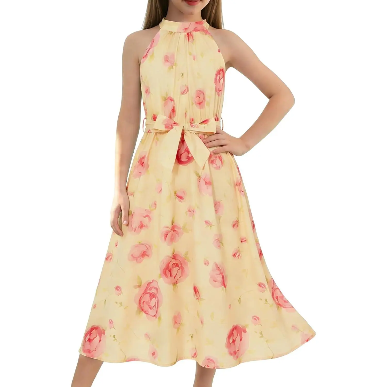 Haloumoning Girls Halter Neck Summer Dress Kids Hawaiian Floral Print  Sleeveless Belted Casual Dresses 5-14Y - TikTok Shop