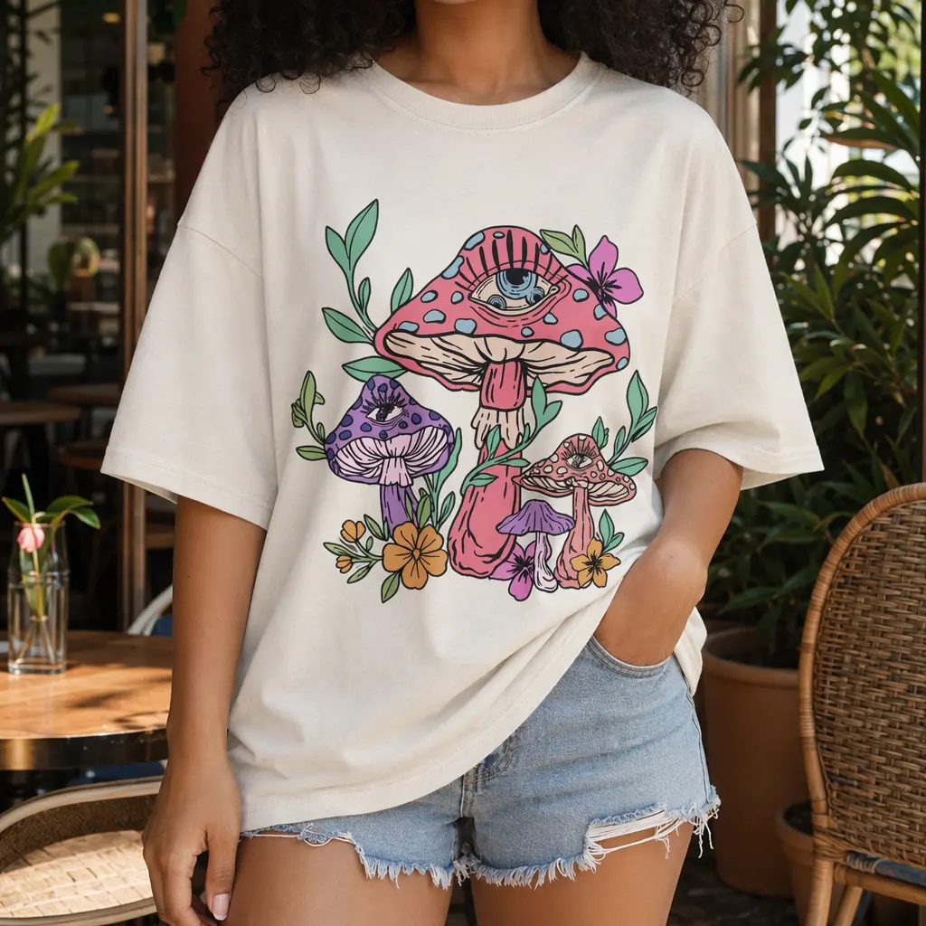 Women's Psychedelic Boho Graphic T-Shirt - Loose, Baggy, Oversized, Casual Clothes with Soft Fabric, Mystical Mushroom and Floral Prints, Tshirt