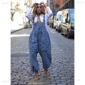 2025summer spring clothes Jumpsuit Women Denim Cargo Pants Wide Leg Pockets Casual Cool Fashion Street Wear Romper New Style Womenswear Check